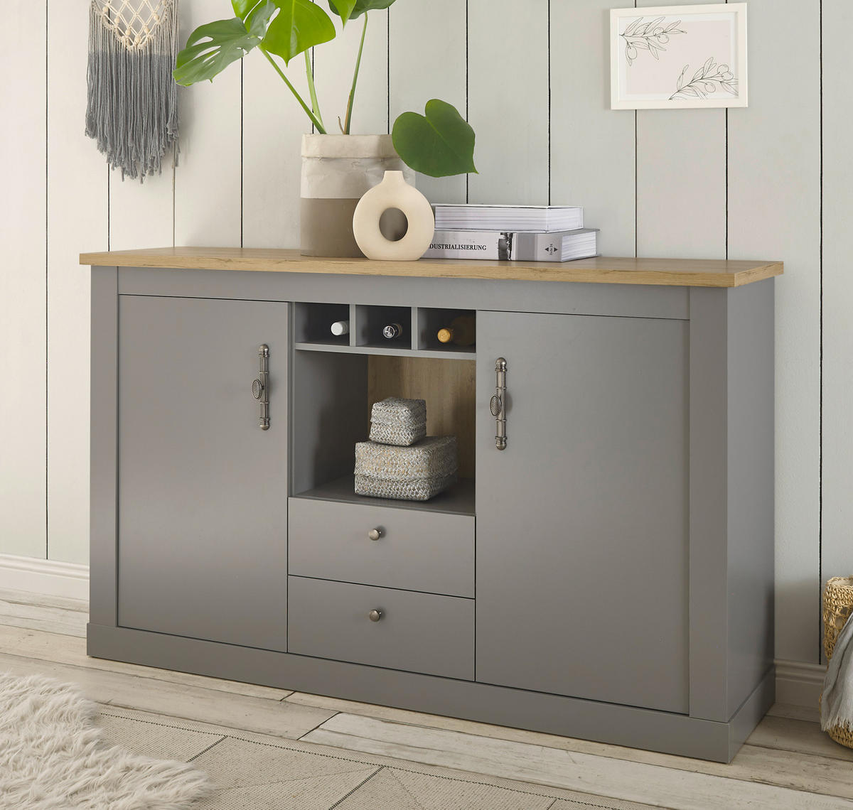SIDEBOARD grau, Artisan Eiche Landhaus 166 cm, Kommode mit viel Stauraum - Hellgrau/Eiche Artisan, Holzwerkstoff/Metall (166/100/44cm) - Furn.Design