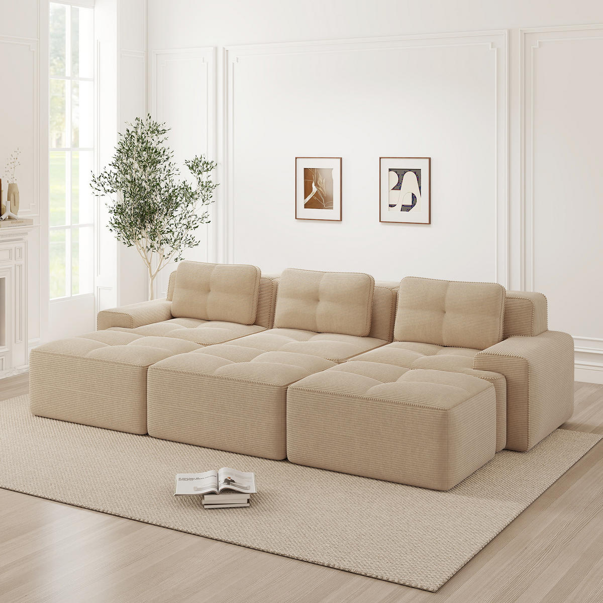 3-SITZER Sofa 293x177x69 cm aus Cordstoff rahmenlos modular mit 3 Hockern, beige - Beige, Textil (177/69/293cm)