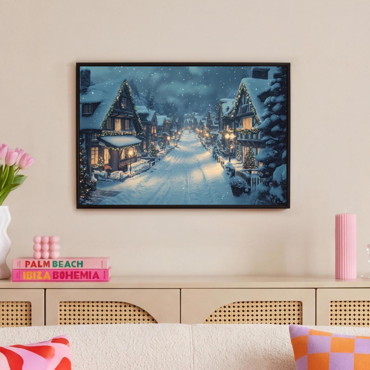 LEINWAND Bilder mit Rahmen - Weihnachtsdorf - Weihnachten - Schnee - Winter - 60x40 - Dunkelblau, Textil (60/40cm) - MuchoWow