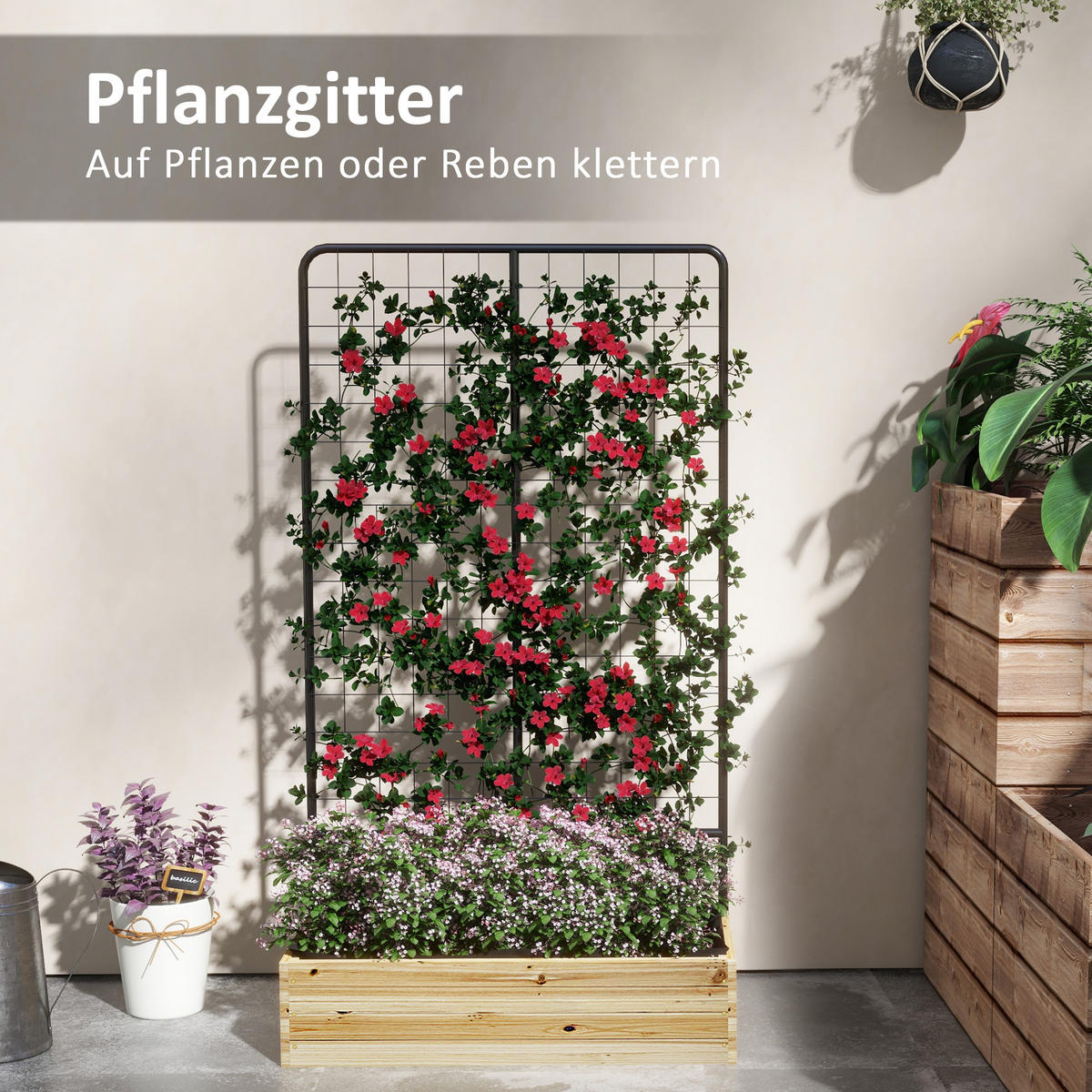 HOCHBEET mit Rankhilfe, Pflanzkasten aus Holz, für Garten, Balkon, Naturholz - Fichtefarben, Metall (38/145/80cm) - Outsunny