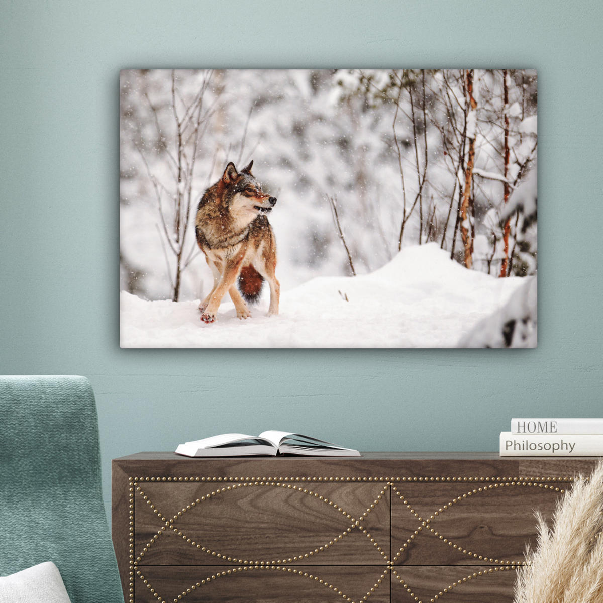 LEINWANDBILD Wolf - Winter - Schnee - Natur - Tiere Gemälde 60x40 cm - Haselnussfarben, Textil (60/40cm) - MuchoWow