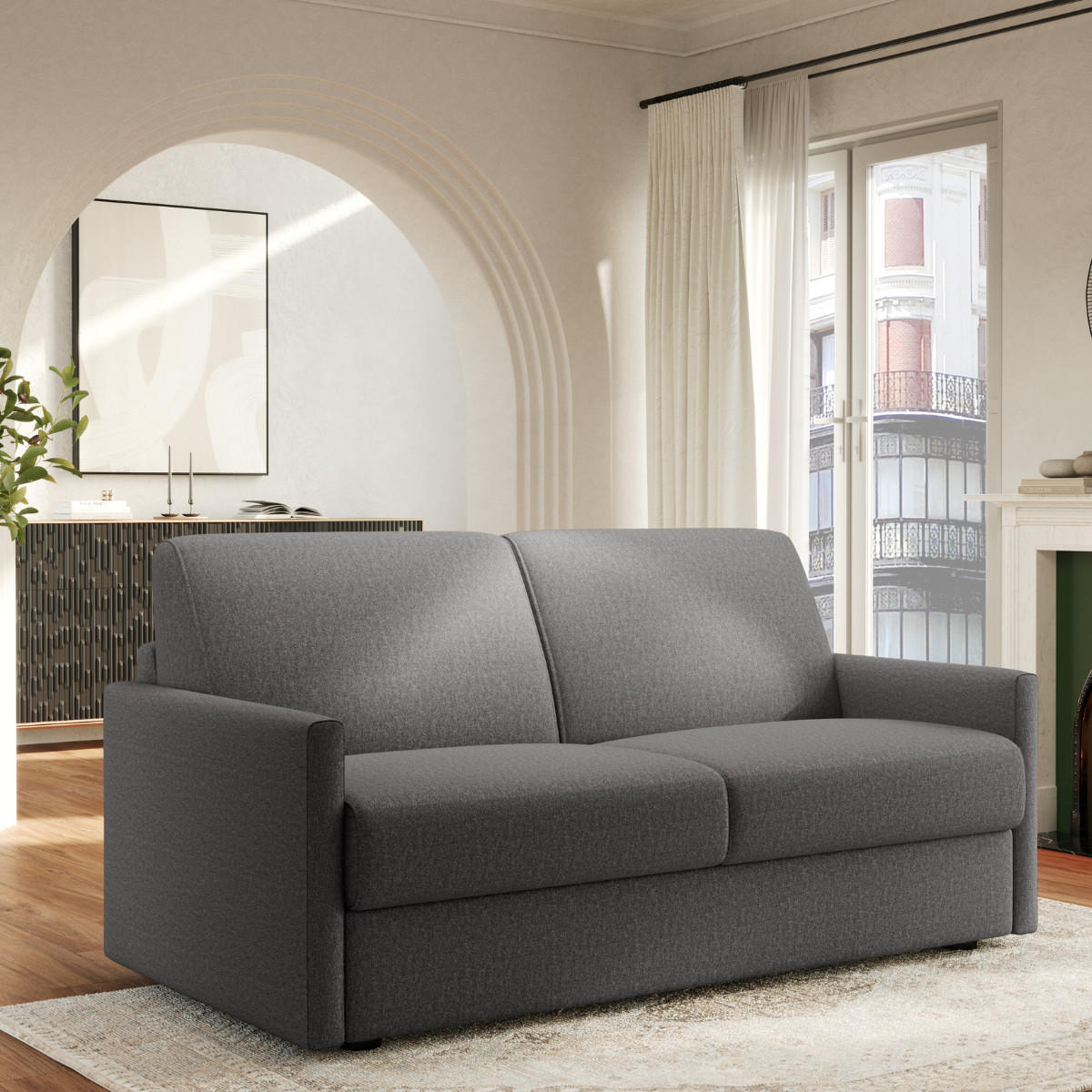 SOFA 3 sitzer aus anthrazitgrauem stoffumwandelbar lucia 175/100/87 cm - Anthrazit, Holz (175/87/100cm) - Calicosy