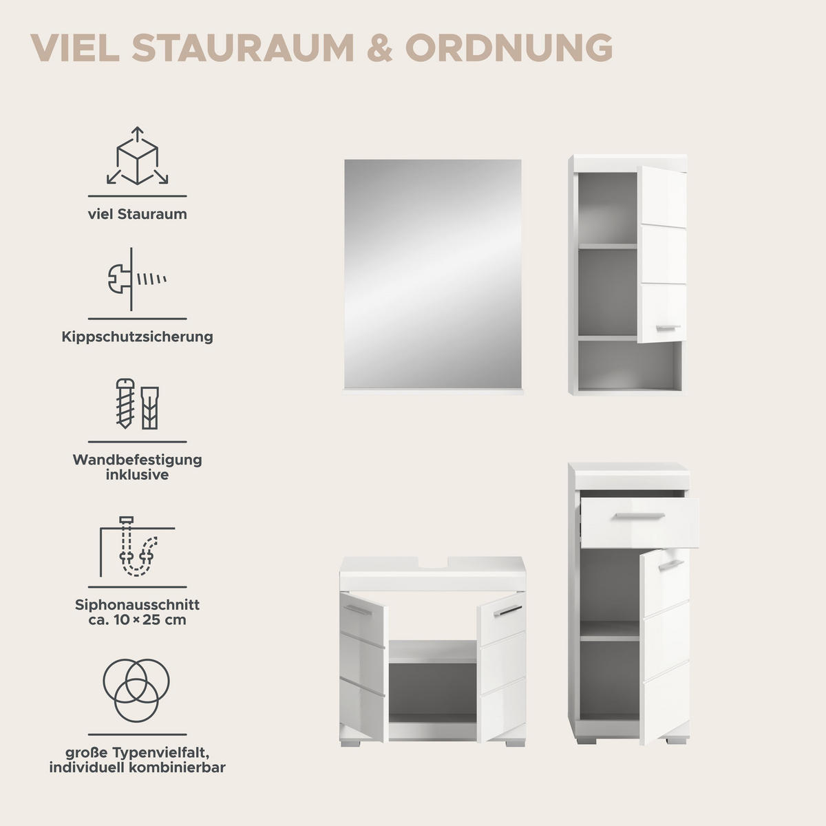 BADKOMBINATION 4tlg. Scout Bad in weiß Nachbildung und weiß hochglanz B/H/T: 112x191x34 cm - Weiß, Holz (112/191/34cm)