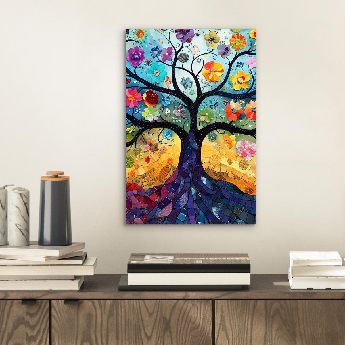 KOVOVÝ OBRAZ Umenie - Strom života - Kvety - Hippie 20x30 cm - tmavomodrá, kov (20/30cm) - MuchoWow