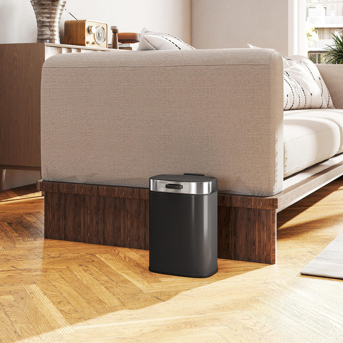 MÜLLEIMER Edelstahl Küchenmülleimer mit Druck-Öffnen offen bleibendem Deckel - Schwarz, Metall (19.5/30/21.5cm) - HOMCOM