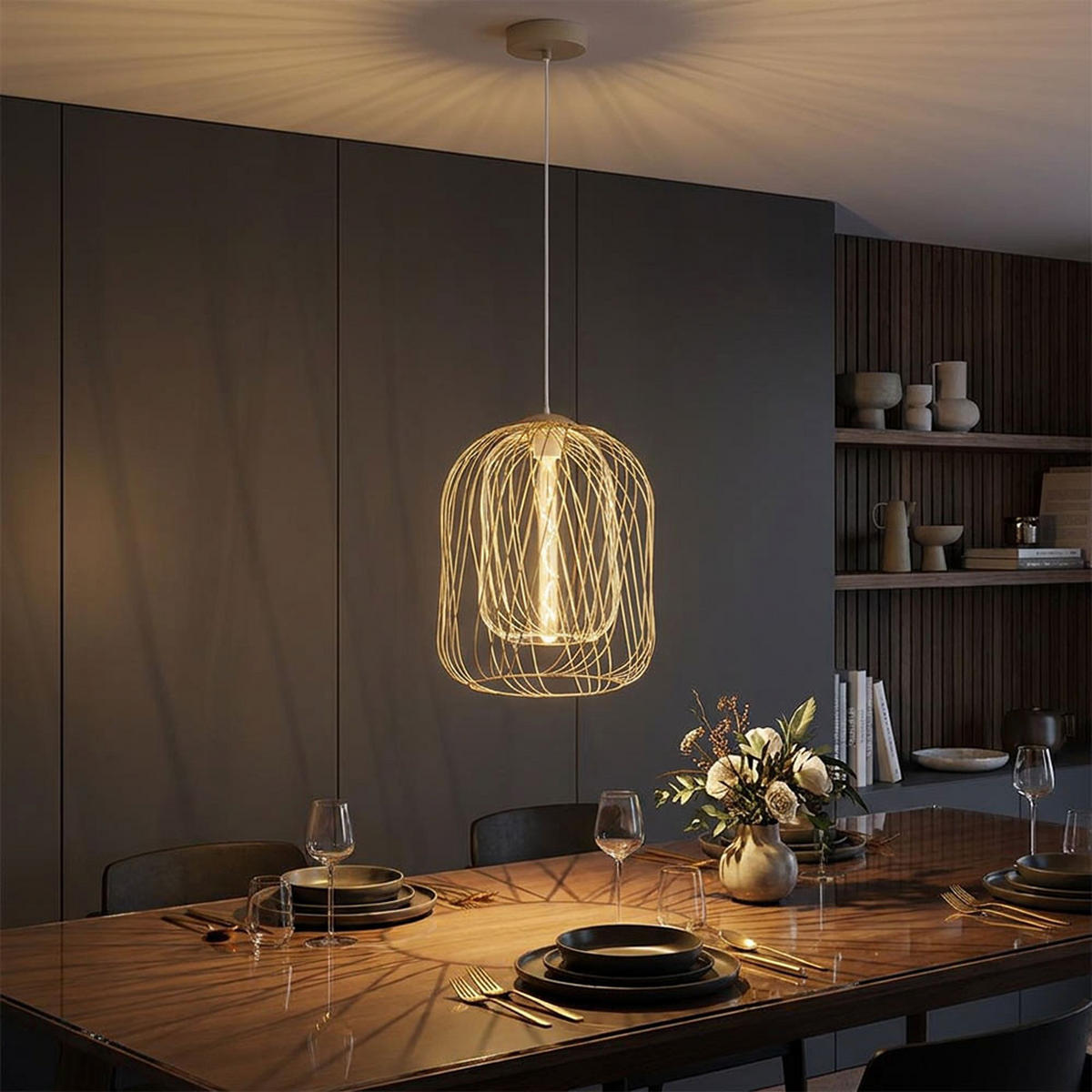 LED HÄNGELEUCHTE DICHTI Metall Sand, Metallgeflecht - Bernsteinfarben, Glas (35/35/150cm) - Globo Lighting