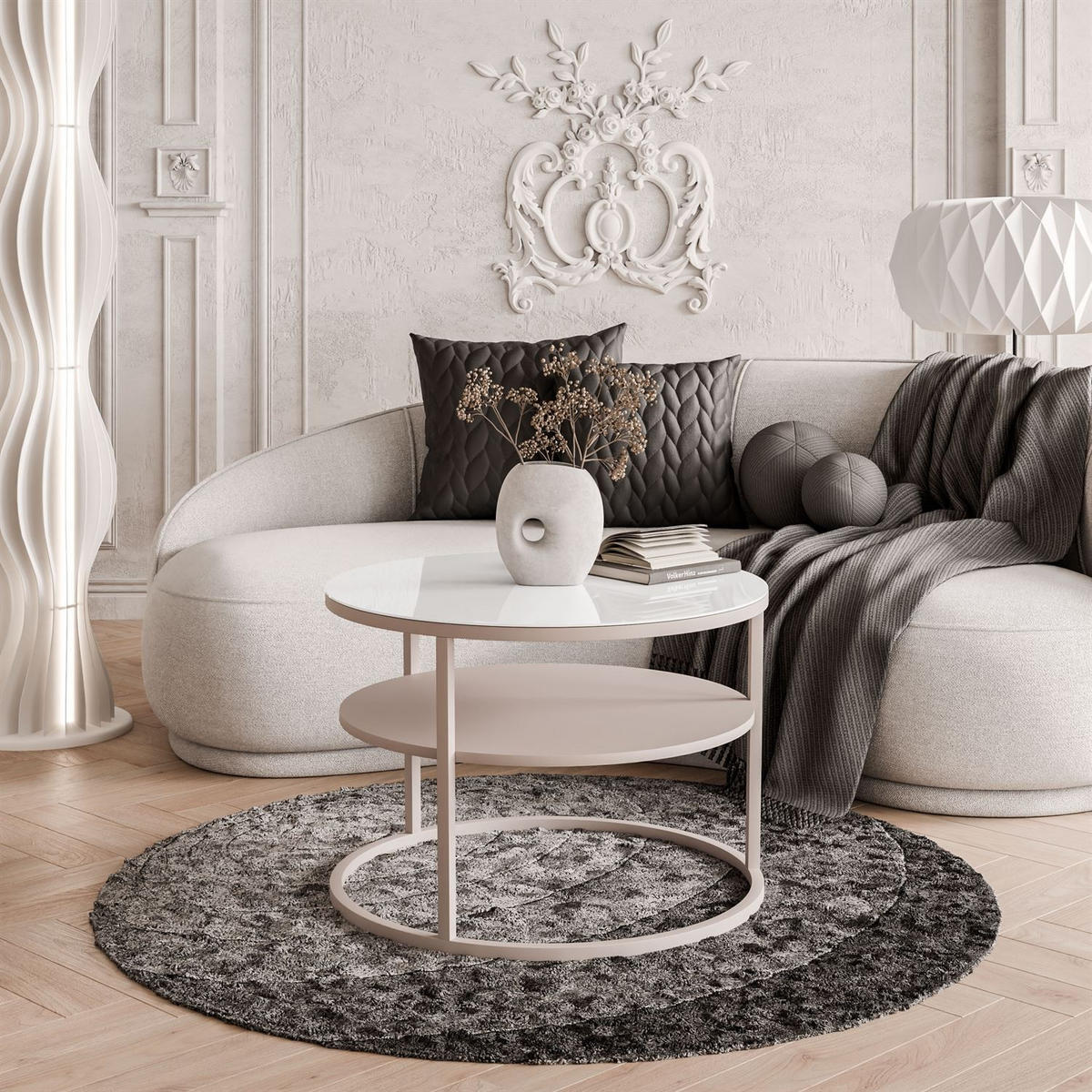 COUCHTISCH CIRI GLASS KASCHMIR mit Ablage Platte aus weißem Glas - Weiß, Glas (70/70/47cm) - Lookway