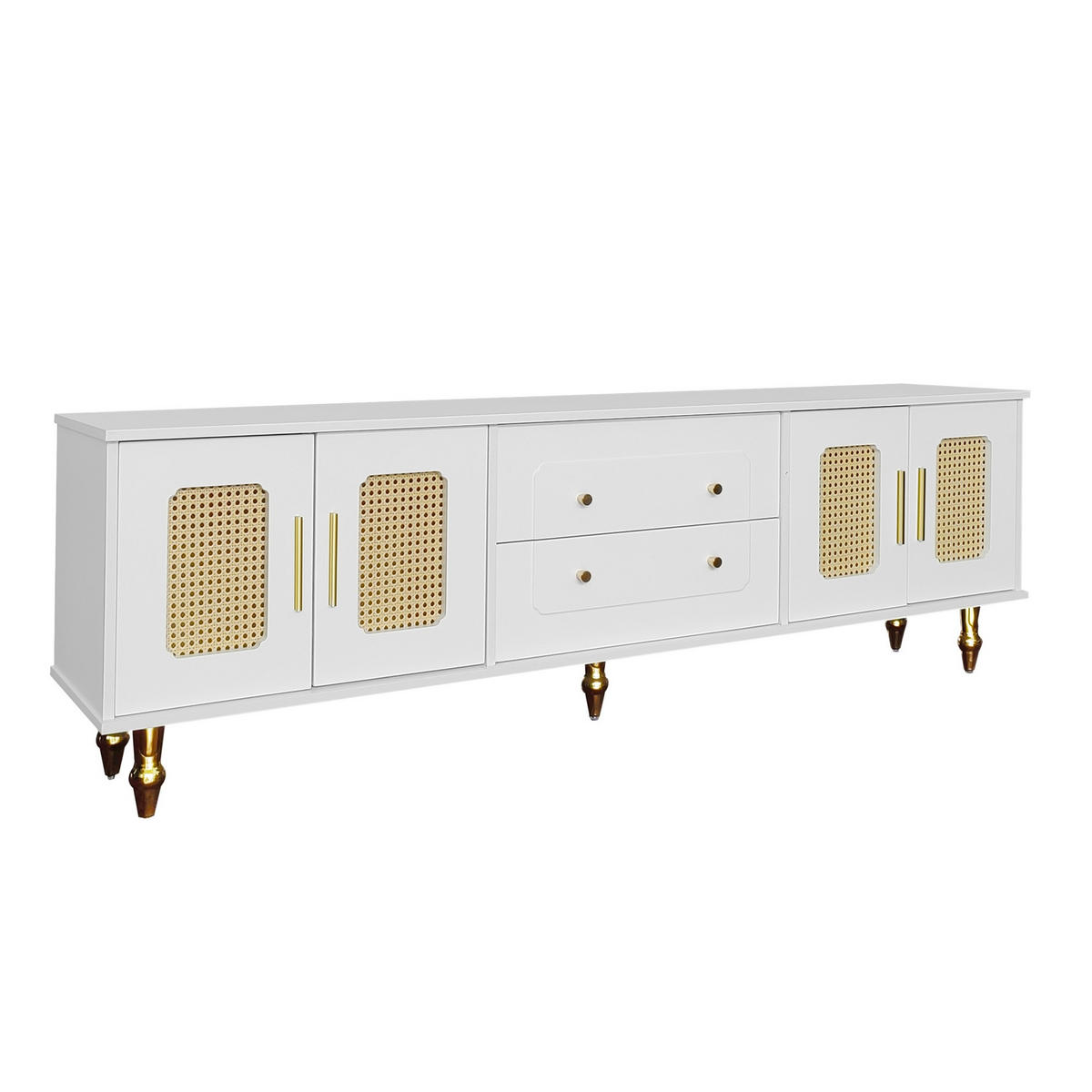 TV-LOWBOARD aus Spanplatte 175x38x55,5 cm Weiß mit Push-to-Open-Schubladen und PVC-Rattantüren - Weiß, Holzwerkstoff (175/55.5/38cm) - Modfu