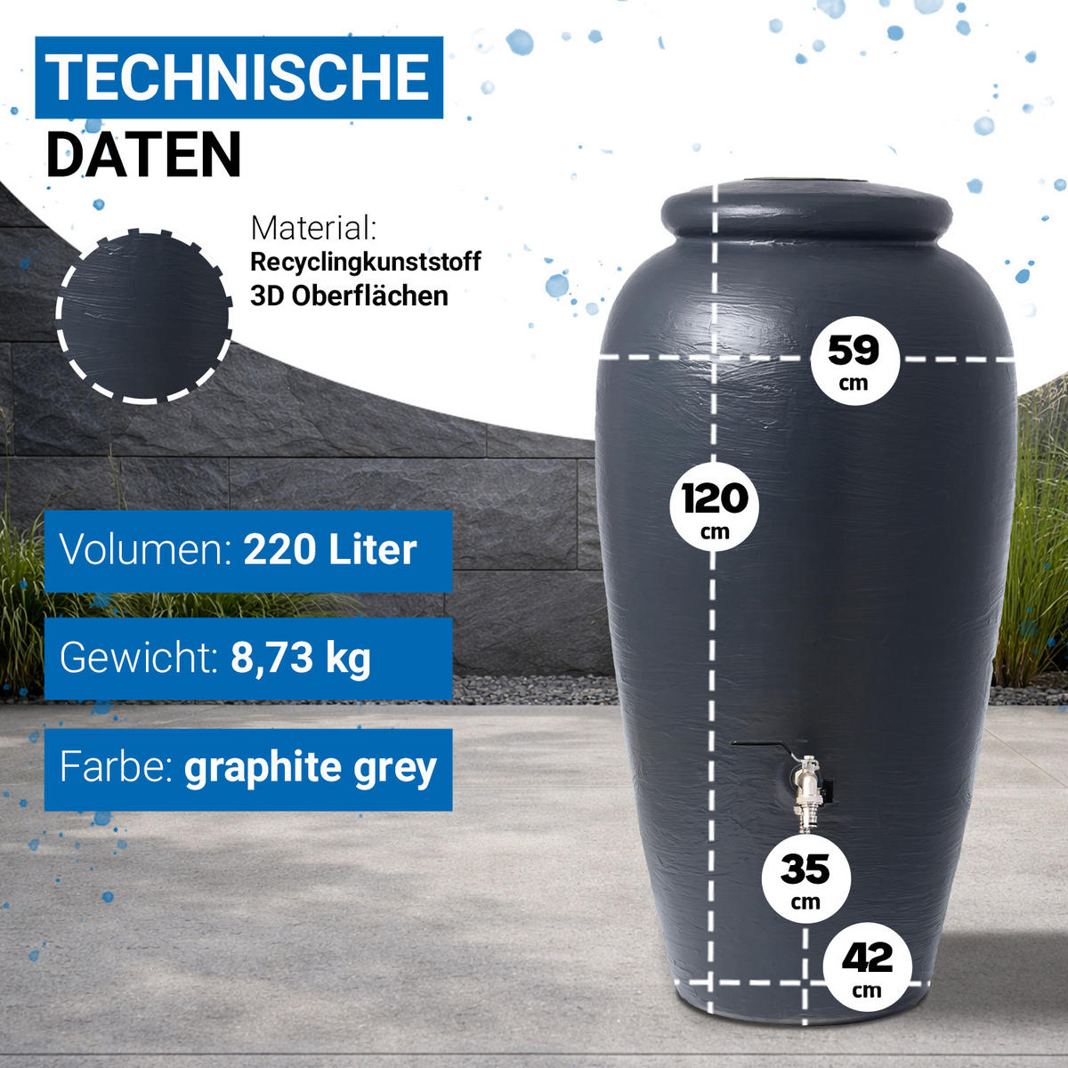 REGENTONNE Komplett-Set 220 L, graphite grey inkl. Chrom-Doppelauslaufhahn und Fallrohranschluss - Grau, Kunststoff (59/118/60cm) - 4rain