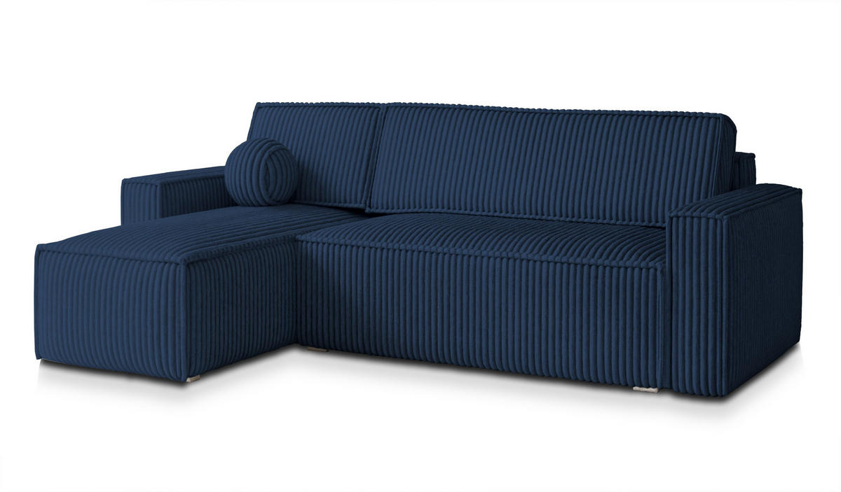ECKSOFA RAVELO T Blau Kordstoff mit Schlaffunktion - Blau, Holz (240/140cm) - MASSENO