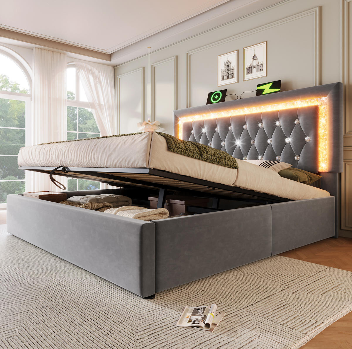 POLSTERBETT mit LED und Stauraum 140x200 cm Samt Grau - Grau, Metall (140/200cm) - Meubliv