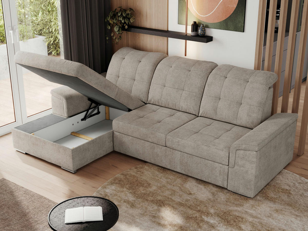 ECKSOFA MADRITO L - Beige Struktur - Links - Beige/Silberfarben, Textil/Metall (160/256cm)