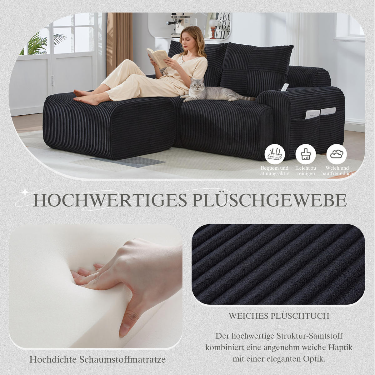 MODULARES 2-Sitzer Cordsofa mit Hocker Getränkehalter und Seitentasche 200/174/80 cm Schwarz - Schwarz, Textil (174/200cm) - Redom