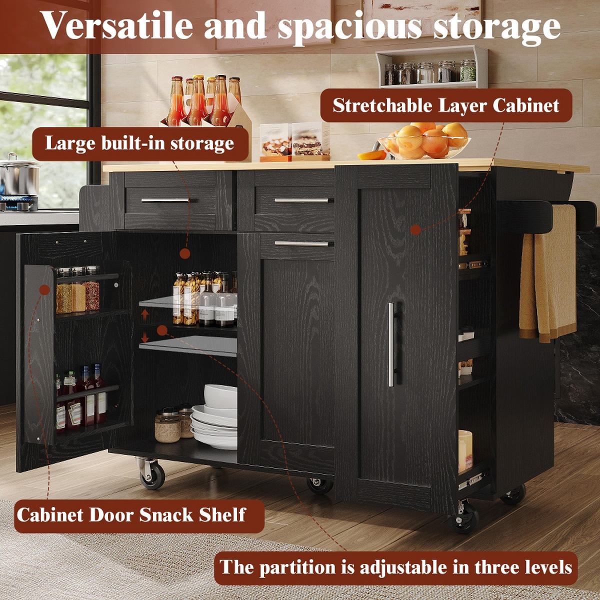 KÜCHENINSEL Klappbar, Speisewagen Mit Stauraum, MDF/Metall, Schwarz-Holzmaserung, 110/46/90,5 cm - Schwarz, Kunststoff (74/90.5/110cm) - Rolipo