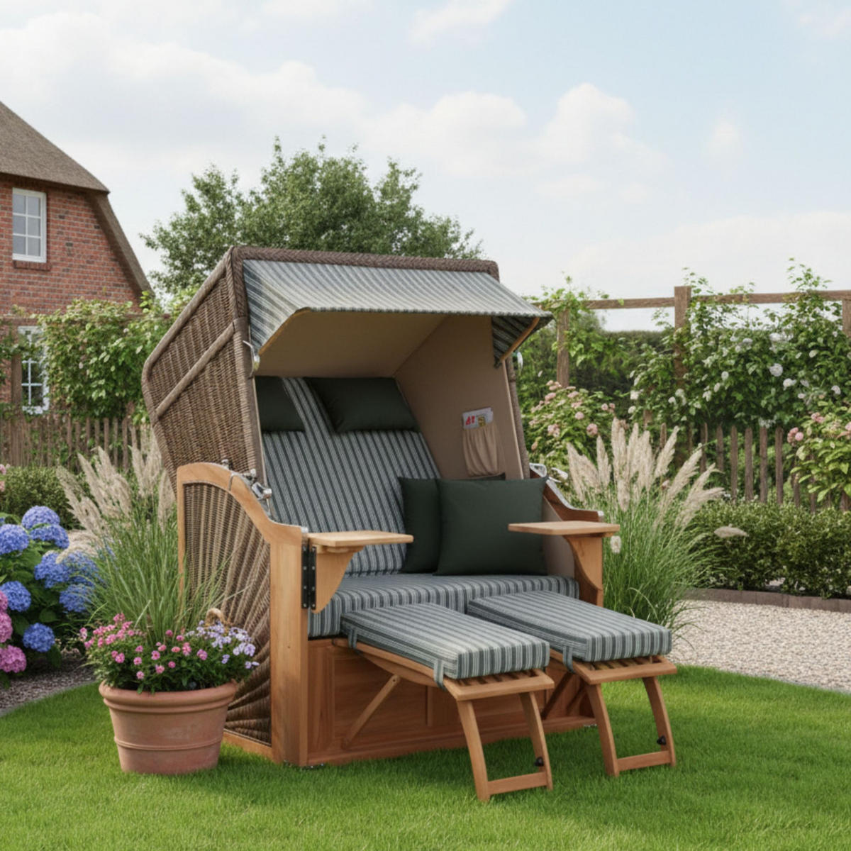 STRANDKORB SEEBLICK 2 Sitzer Teak - Braun/Grün, Metall (125/170/80cm) - Mr. Deko