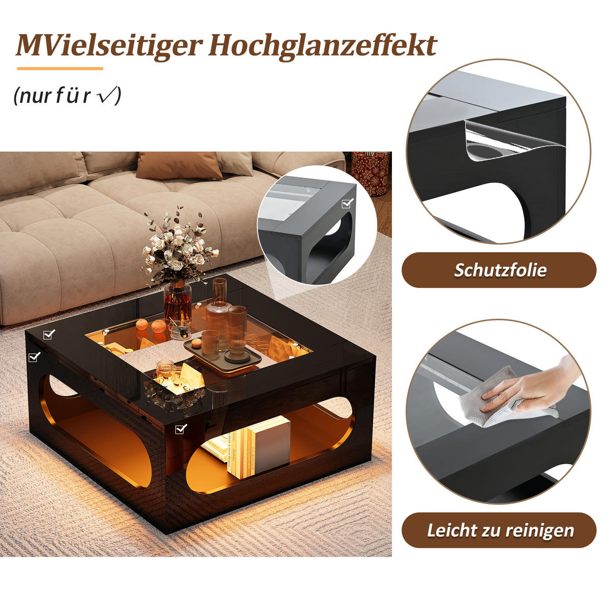 COUCHTISCH Schwarz Hochglanz mit LED & Glasplatte - Schwarz, Holzwerkstoff (70/70/35cm) - Urban Meuble