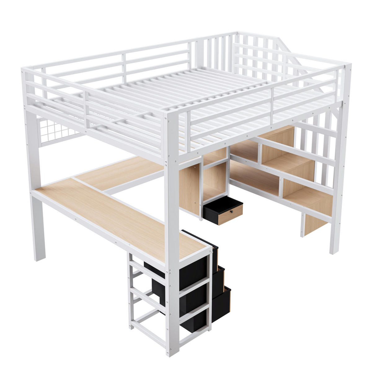 HOCHBETT 140/200 cm weiß aus Metall mit Schreibtisch und LED - Weiß, Metall (140/200cm) - OKWISH
