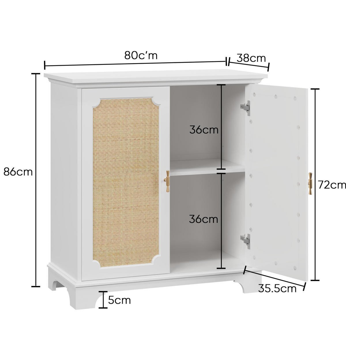 BADEZIMMERSCHRÄNKE 80x38x86 cm Weiß aus Rattan & Holzwerkstoff mit 2 Türen & Massivholzbeinen - Weiß, Holzwerkstoff (38/86/80cm) - Modfu