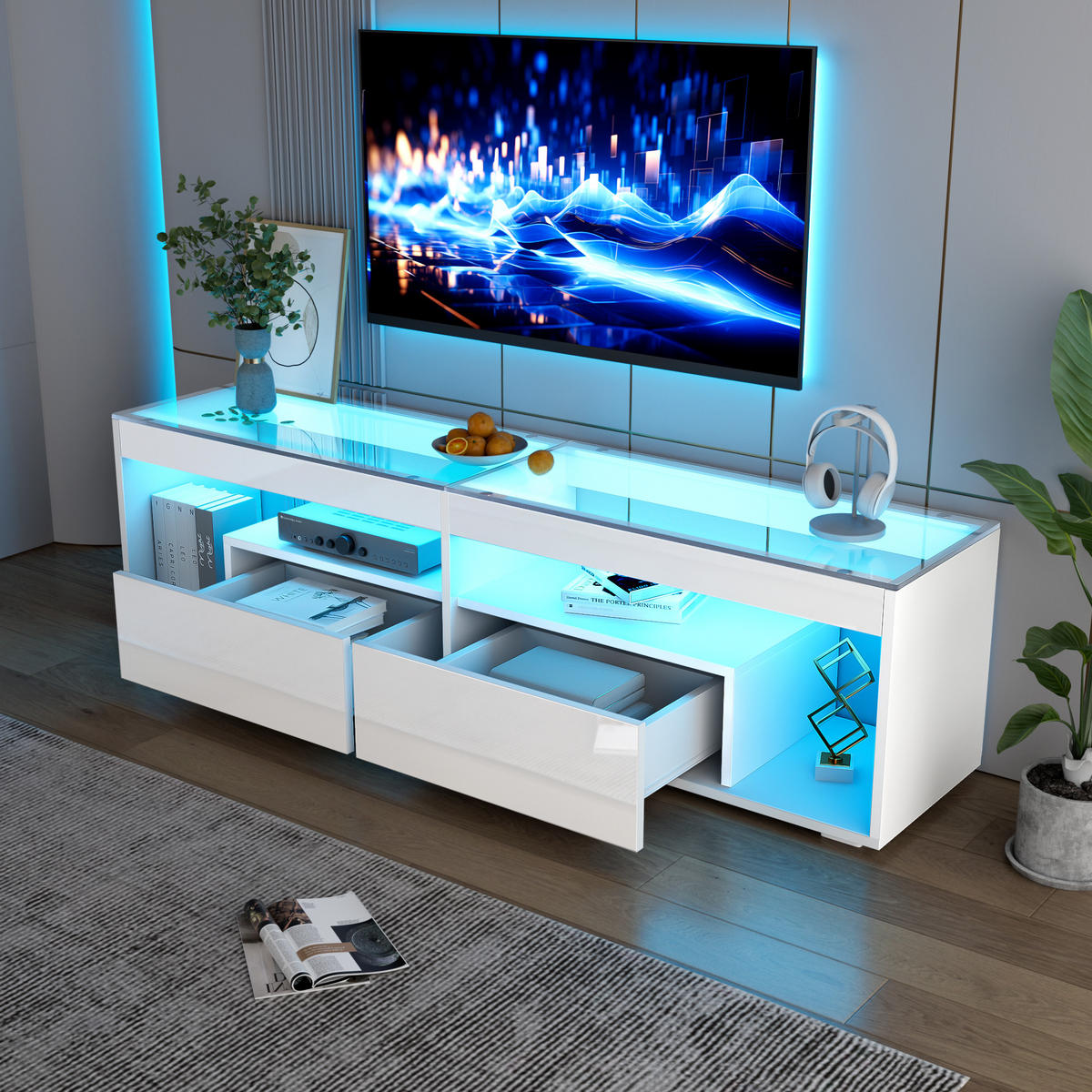 TV-SCHRANK LED Hochglanz 70 Zoll 2 Schubladen Weiß modern - Weiß, Holzwerkstoff (40/46/180cm) - FLIEKS