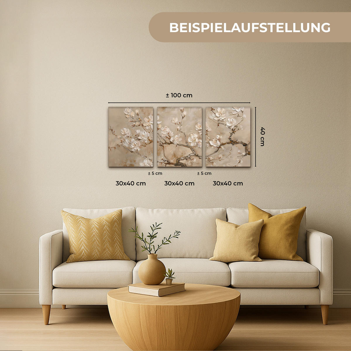 OBRAZ NA PLÁTNĚ 3dílná sada Béžová - Blossom - Moderní 90x40 cm - béžová, textil (90/40cm) - MuchoWow