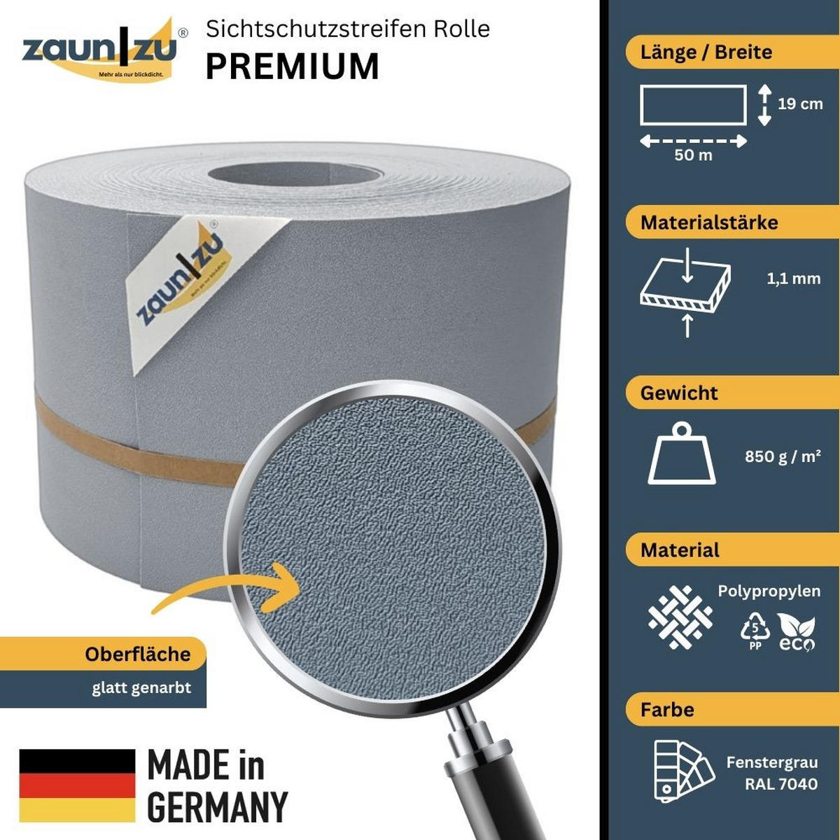 SICHTSCHUTZSTREIFEN Premium für Doppelstabmatten Zaunblende Fenstergrau, 50m - Grau, Kunststoff (5000/19cm) - ZAUN|ZU