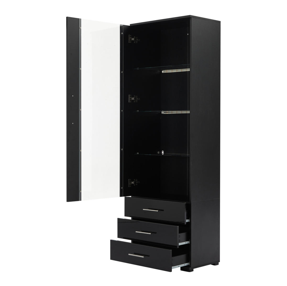 VITRINE 60/35/180 cm schwarz aus MDF mit LED und 3 Schubladen - Schwarz, Holzwerkstoff (60/180/35cm) - OKWISH