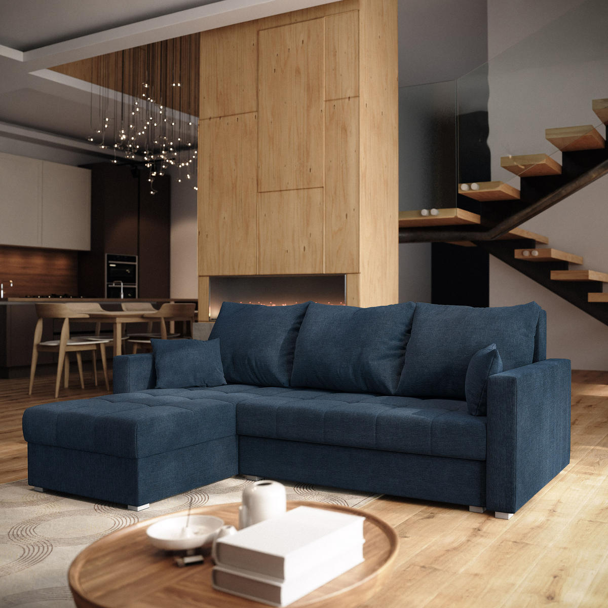 ECKSOFA NIDA Blau Geflochtener Stoff mit Schlaffunktion - Blau, Holz (220/143cm) - MASSENO