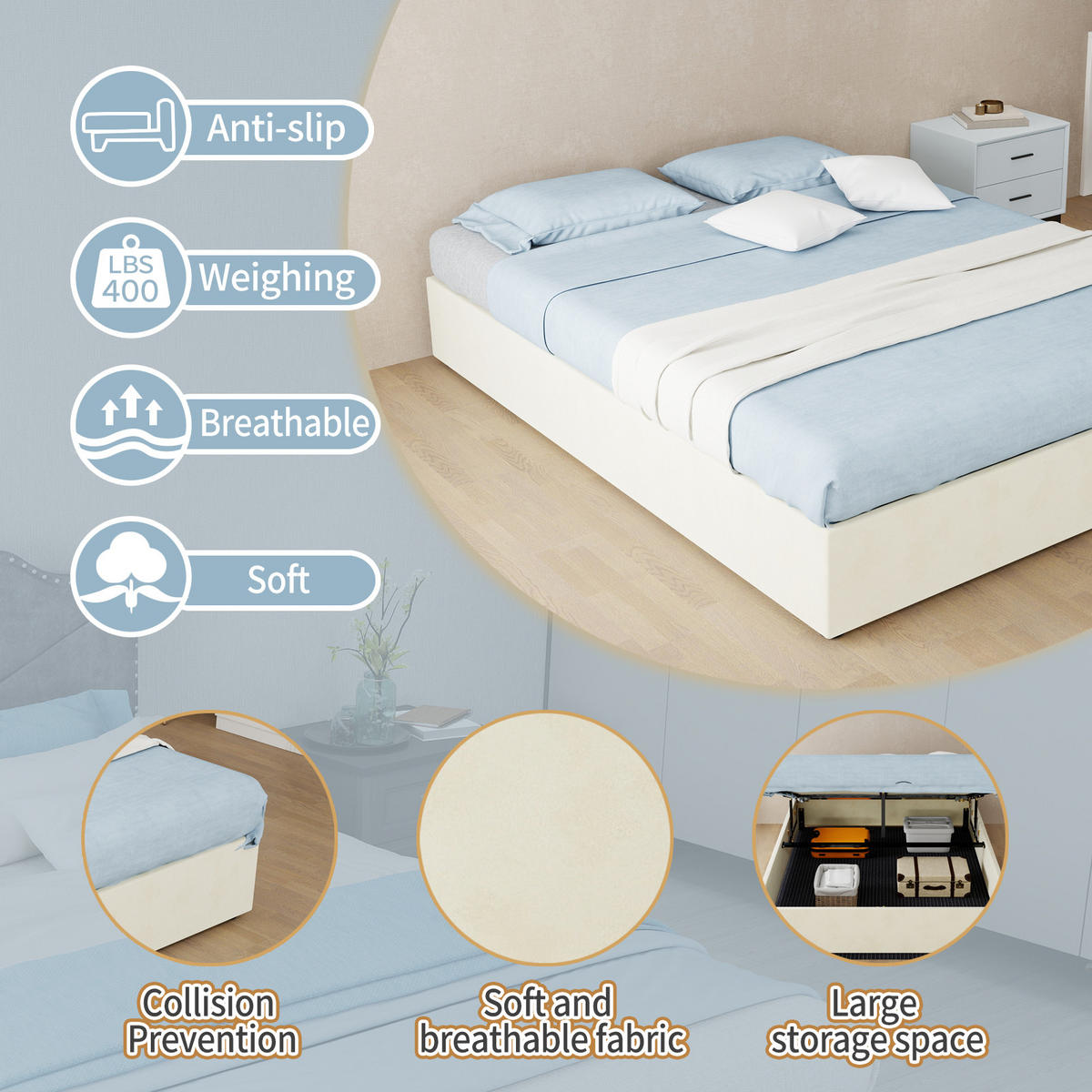 STAURAUMBETT 140/200 cm DE-35414 mit Gaslift Beige - Beige, Metall (140/200cm) - ComfortXL
