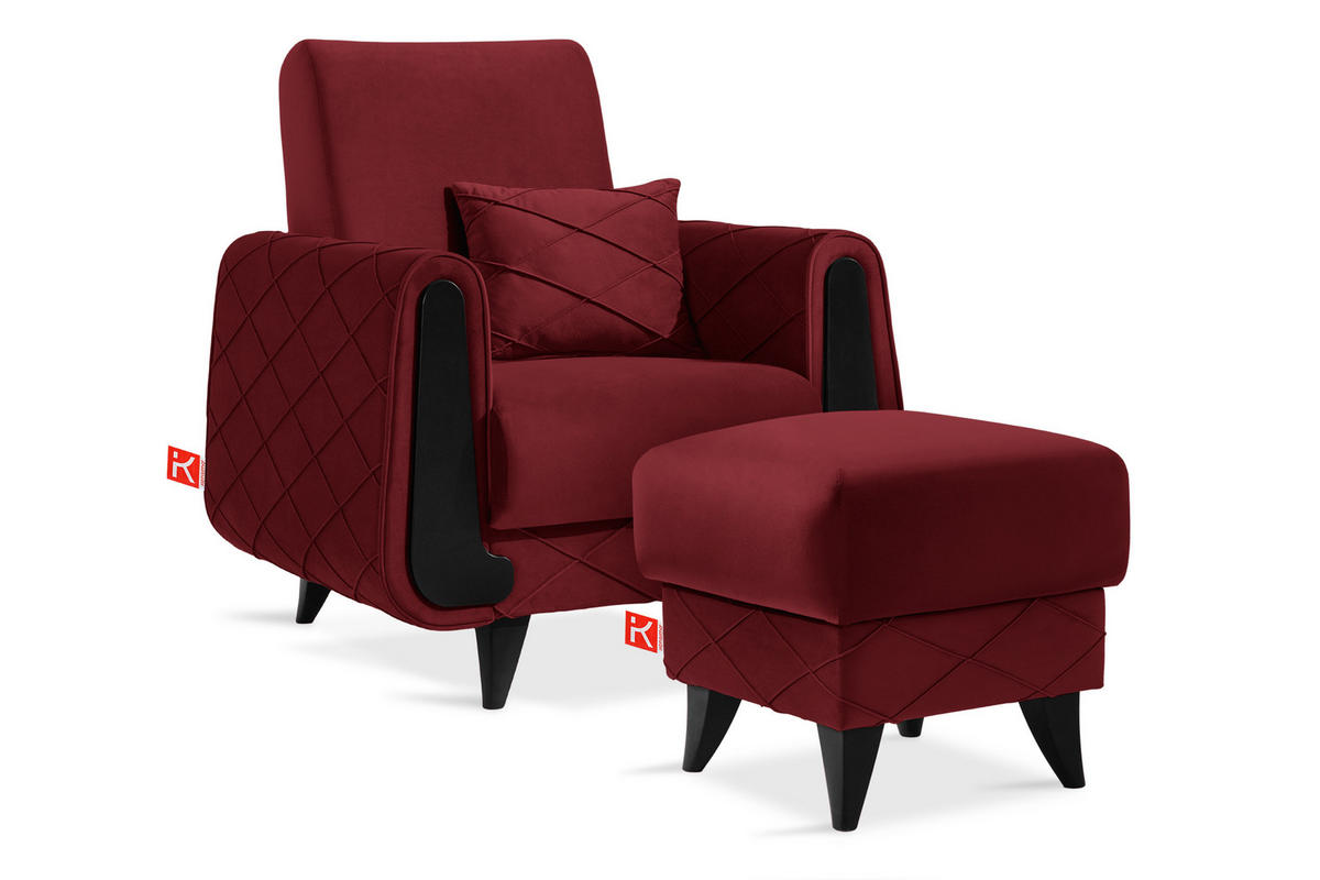 HOCKER GUSTAVO III Fußstütze, Velours, Bordeaux - Bordeaux, Holz/Holzwerkstoff (53/49/53cm) - KONSIMO®