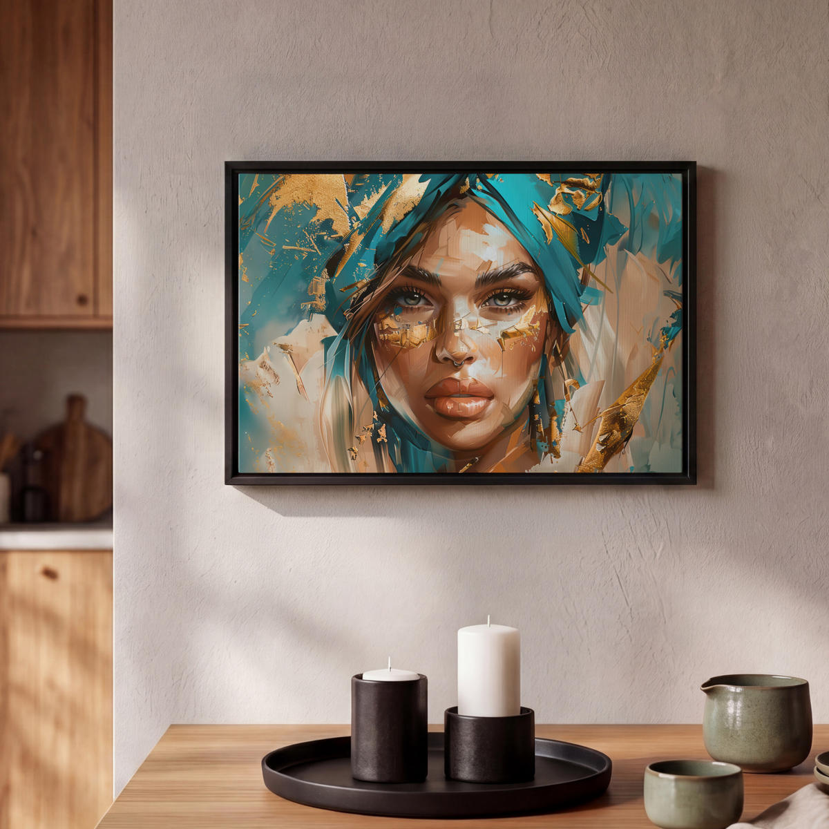 LEINWAND Bilder mit Rahmen - Frau - Porträt - Gold - Luxus - Blau - 30x20 - Türkis, Textil (30/20cm) - MuchoWow