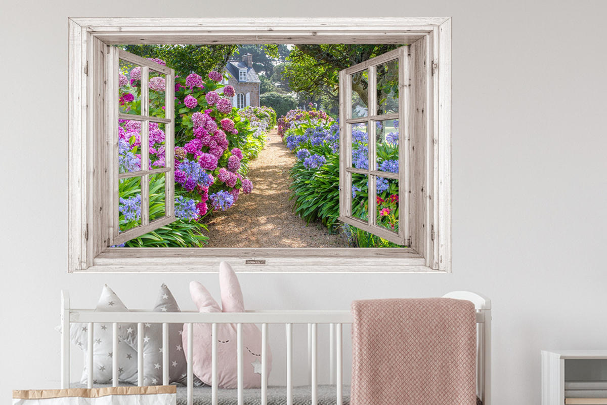 WANDTATTOO Hortensie - Fensterblick - Blumen - Sommer - Lila - Weg 120x80 cm - Lila, Kunststoff (120/80/0.1cm) - MuchoWow