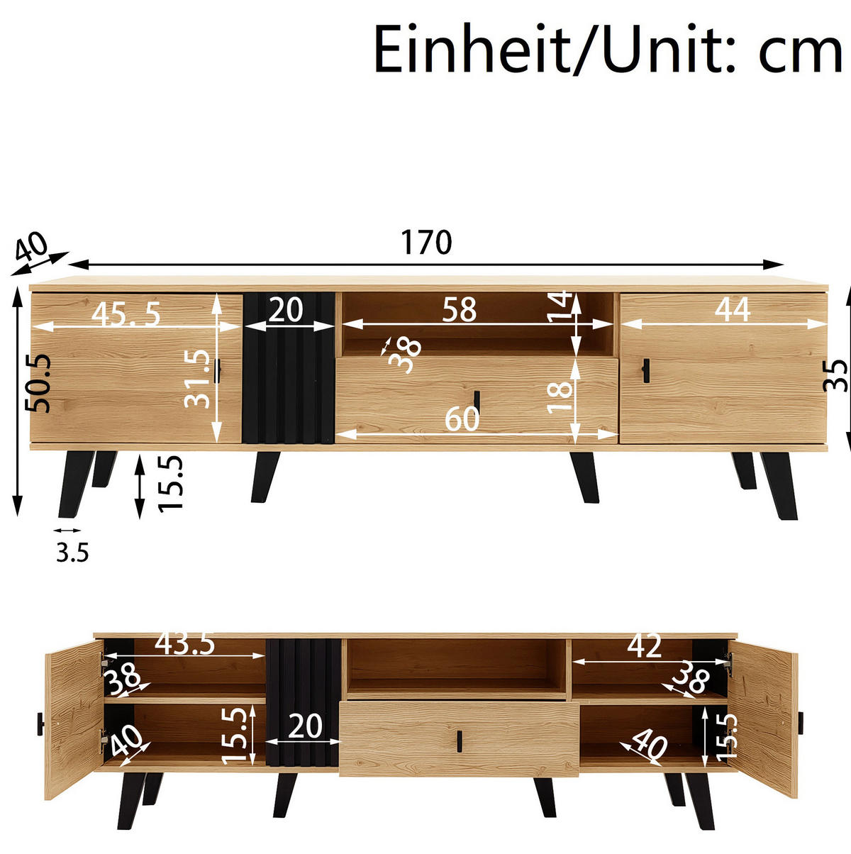 LOWBOARD 170/40/50,5 cm in Schwarz/Natur mit 2 Türen und Schublade - Schwarz, Holzwerkstoff (170/50.5/40cm) - Flora Grace