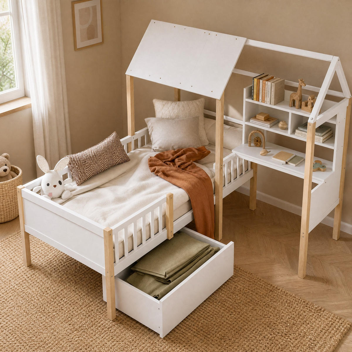 HAUSBETT 90/200 mit Schreibtisch, Bücherregal und Schubladen in Weiß - Weiß/Naturfarben, Holzwerkstoff (90/200cm) - EVRYAE