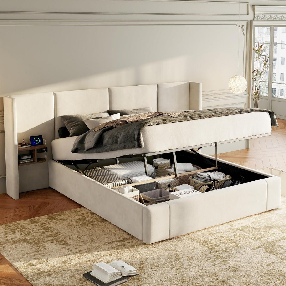 POLSTERBETT 160 x 200 cm in Beige Samt mit USB-Anschluss - Beige, Holz/Textil (160/200cm) - KOMHTOM