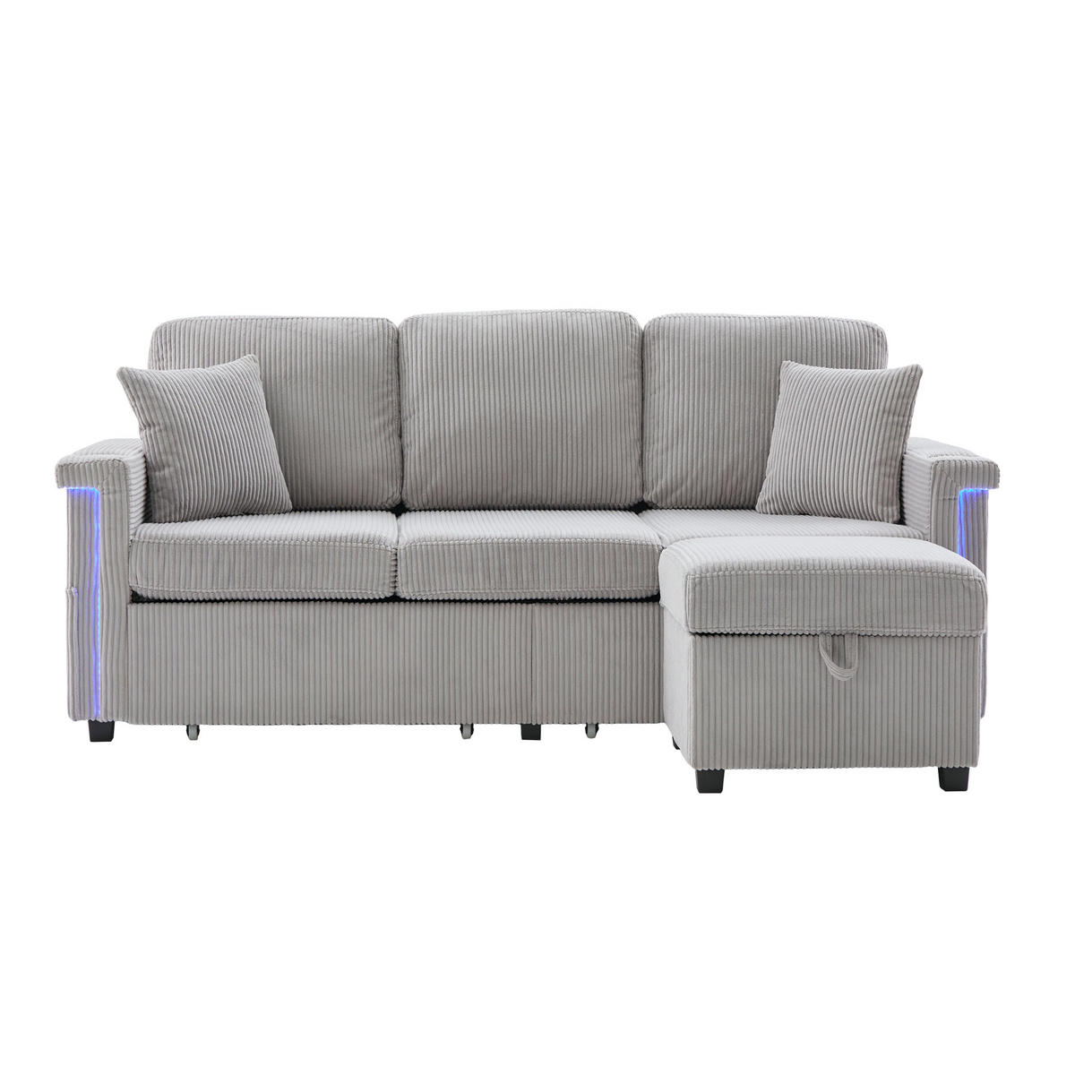 MODULARES Sofa Corduroy mit LED und USB-Anschluss Stauraum und Taschen 194/73/81 cm Hellgrau - Hellgrau, Textil (73/194cm) - Redom