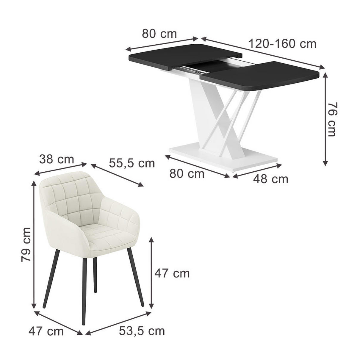 JEDILNA MIZA Fenaro, Črna/Bela, 120 x 80 cm s 4 jedilnimi stoli - črna/bela, leseni material (120/76/80cm) - Vicco