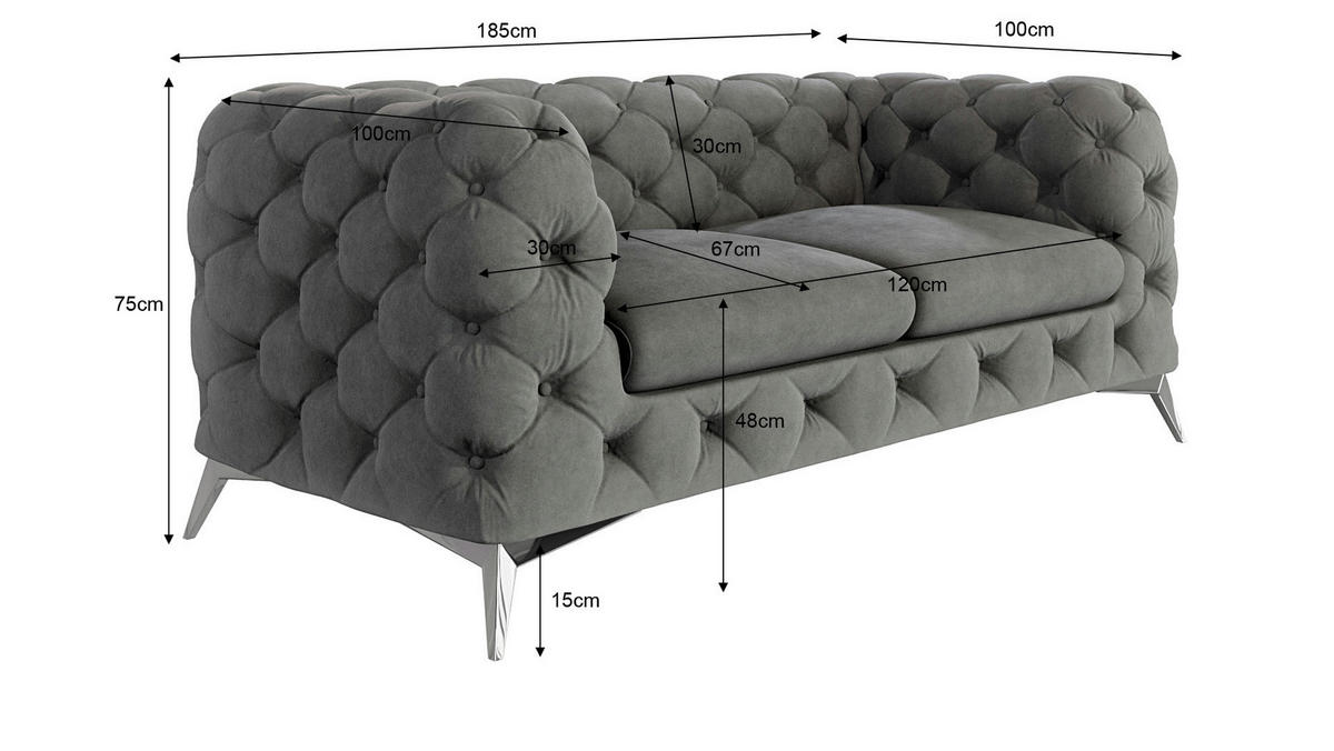 CHESTERFIELD-SOFA 2-Sitzer Laura Grau Samt - Silberfarben/Grau, Holz/Textil (185/75/100cm) - S-Style Möbel