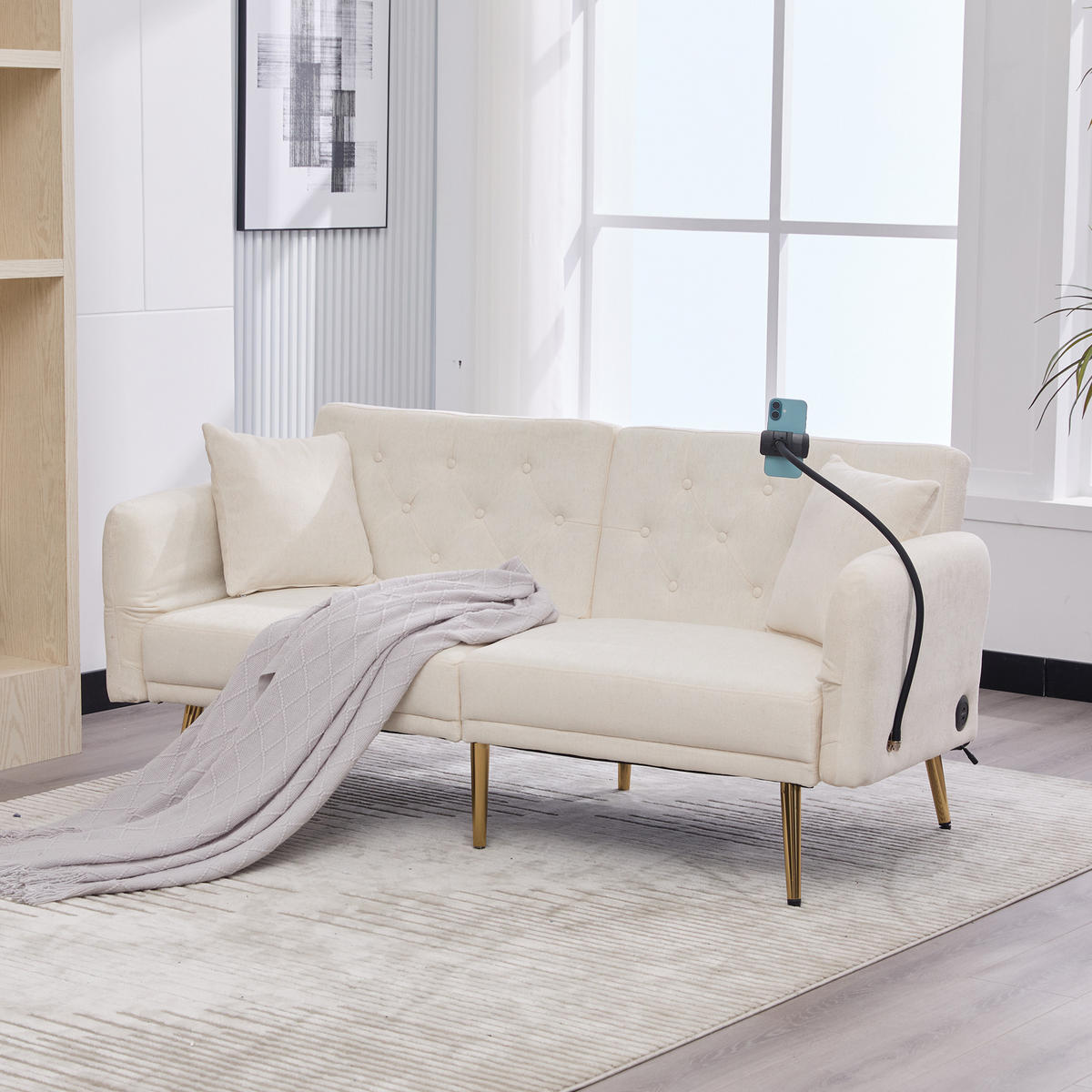SCHLAFSOFA 2-Sitzer mit verstellbarer Rückenlehne und Handyhalter Chenille Beige 173/78/78 cm - Beige, Textil (173/78/78cm) - OKWISH
