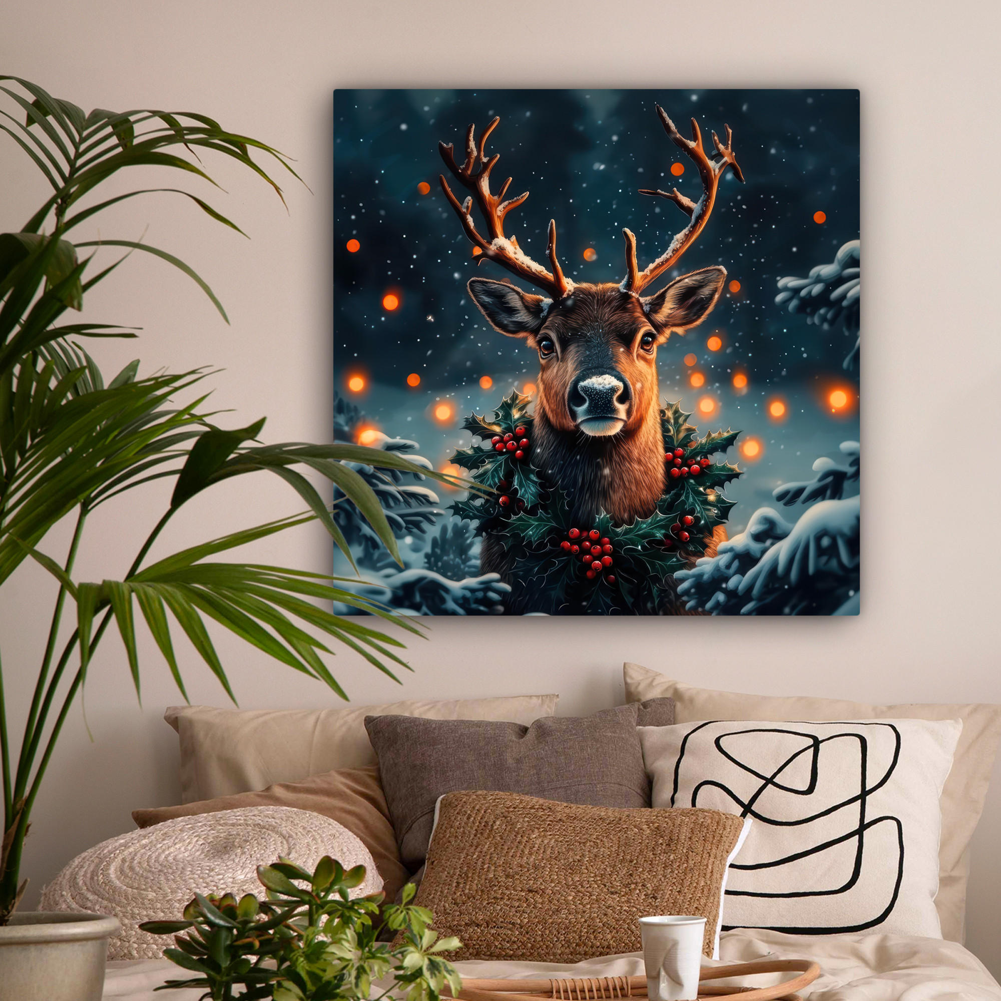 LEINWANDBILD Hirsch - Weihnachten - Winter - Schnee - Weihnachtskranz 90x90 cm - Dunkelbraun, Textil (90/90cm) - MuchoWow