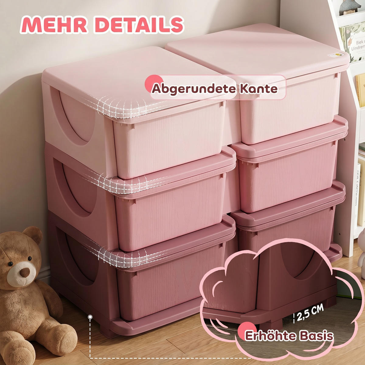 SPIELZEUGTRUHE DE-17261 6 Schubladen, 3 Ebenen Rosa - Pink, Textil (37/75cm) - ComfortXL
