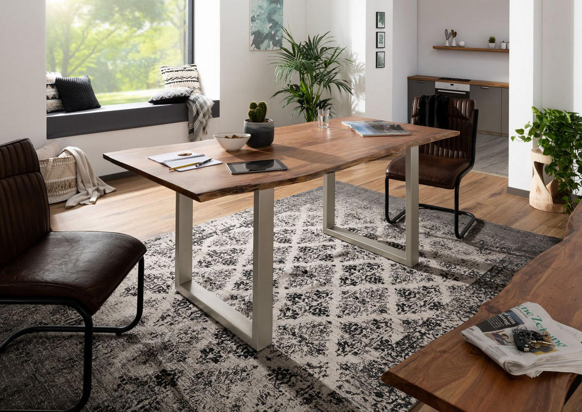 BAUMTISCH Akazie 140x90x76 natur Beine silber matt FREEFORM 3 - Braun, Holzwerkstoff (90/140/76cm) - Massivmoebel24