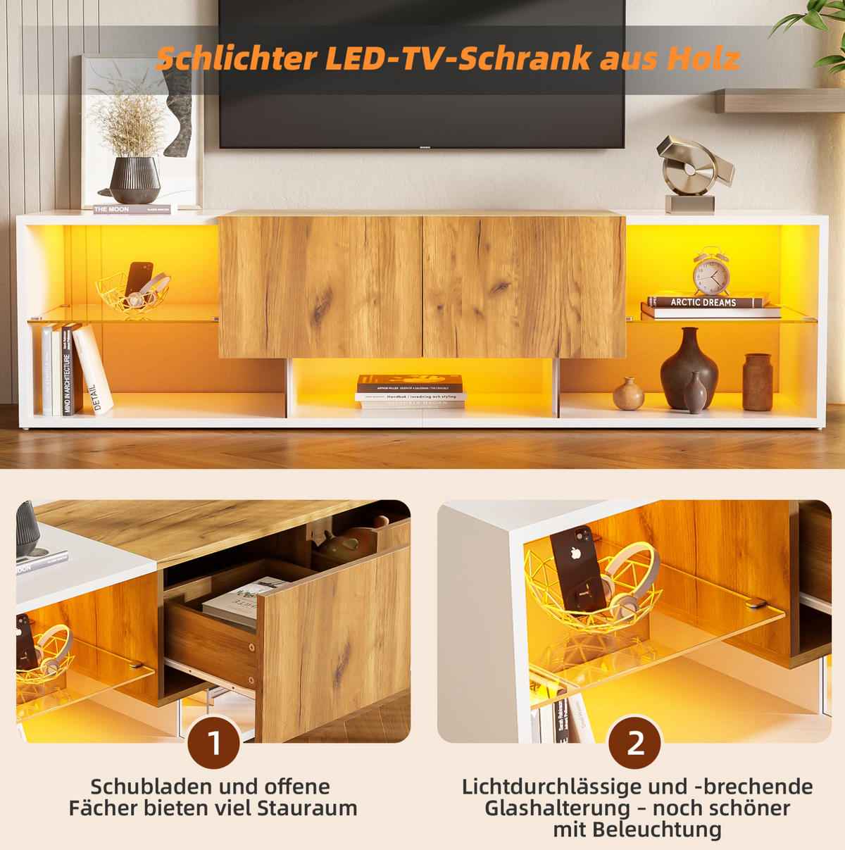 LOWBOARD 160/40/42 cm in Weiß und Eichefarben mit LED-Beleuchtung und 2 Schubladen - Hellbraun, Holzwerkstoff (160/42/40cm) - Flora Grace