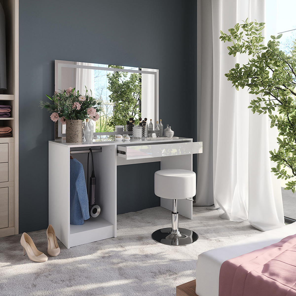 SCHMINKTISCH Sherry Weiß/Weiß Hochglanz 119.8 cm mit LED-Beleuchtung und Hocker - Weiß Hochglanz, Holzwerkstoff (119.8/76/50.1cm) - Vicco