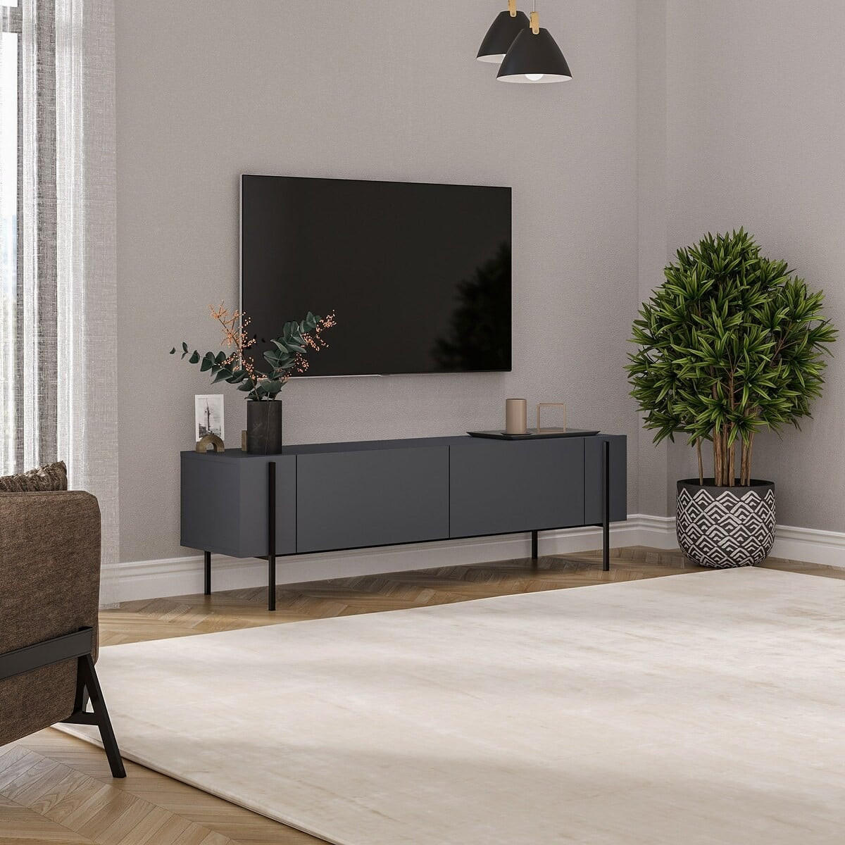 TV-MÖBEL mit 2 klappbaren Türen und Metallfüßen 31,4/160/45,6 cm - Anthrazit, Holzwerkstoff (31.4/45.6/160cm) - Calicosy