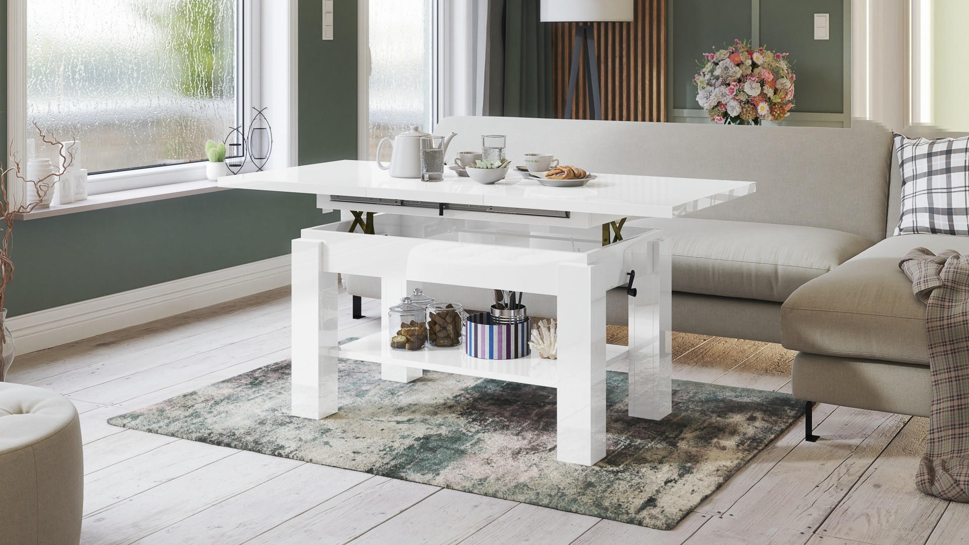 COUCHTISCH rechteckig Weiß Hochglanz ausziehbar höhenverstellbar - Weiß Hochglanz, Holzwerkstoff (68/110/59cm) - designimpex