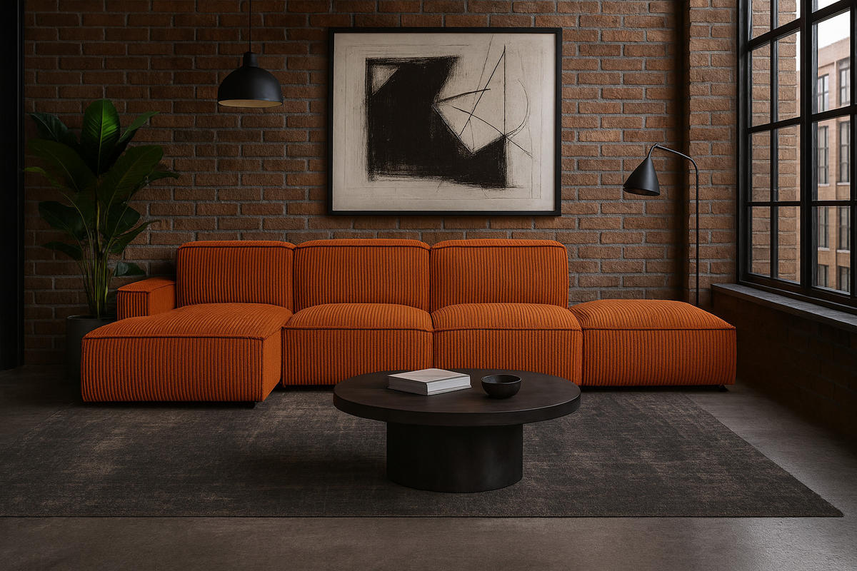 ECKSOFA Cursal L-Form, Stoff Poso, Kupfer + Hocker, Links - Orange, Holz (341/166cm) - Kaiser Möbel