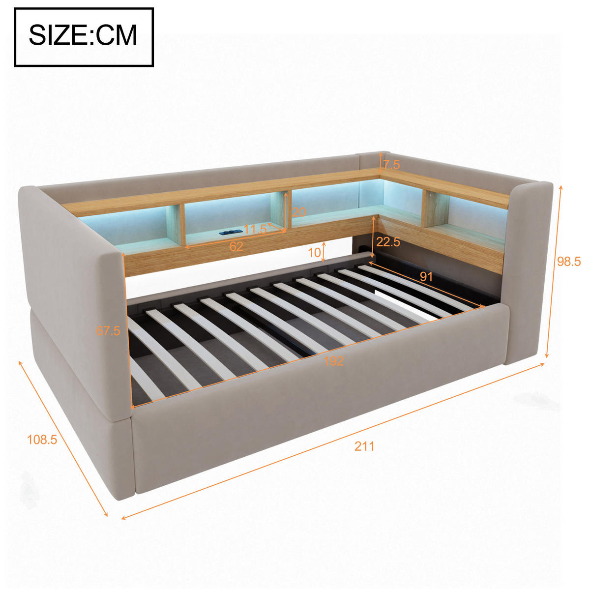 POLSTERBETT 90/190 cm aus Flanell mit LED/Steckdosen und Stauraum, Dunkelgrau - Dunkelgrau, Textil (90/190cm) - OKMYHOME