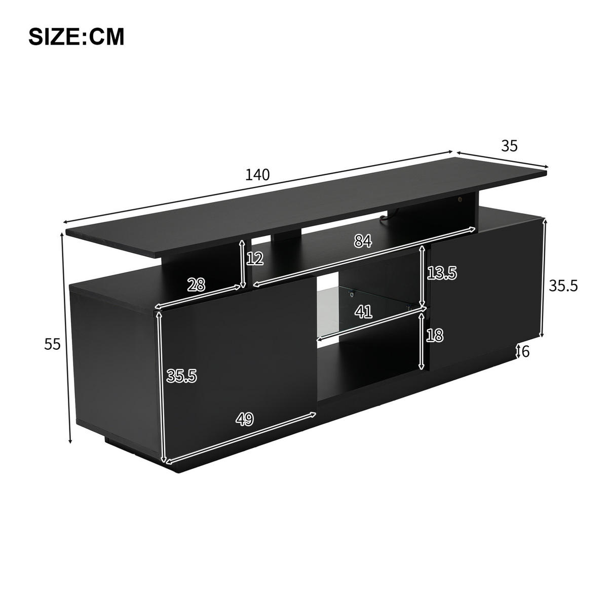 TV-SCHRANK aus Spanplatte 140x35x55 cm Schwarz mit LED-Beleuchtung, 2 Hochglanz-Türen und 5 offenen Fächern - Schwarz, Holzwerkstoff (140/55/35cm) - Modfu