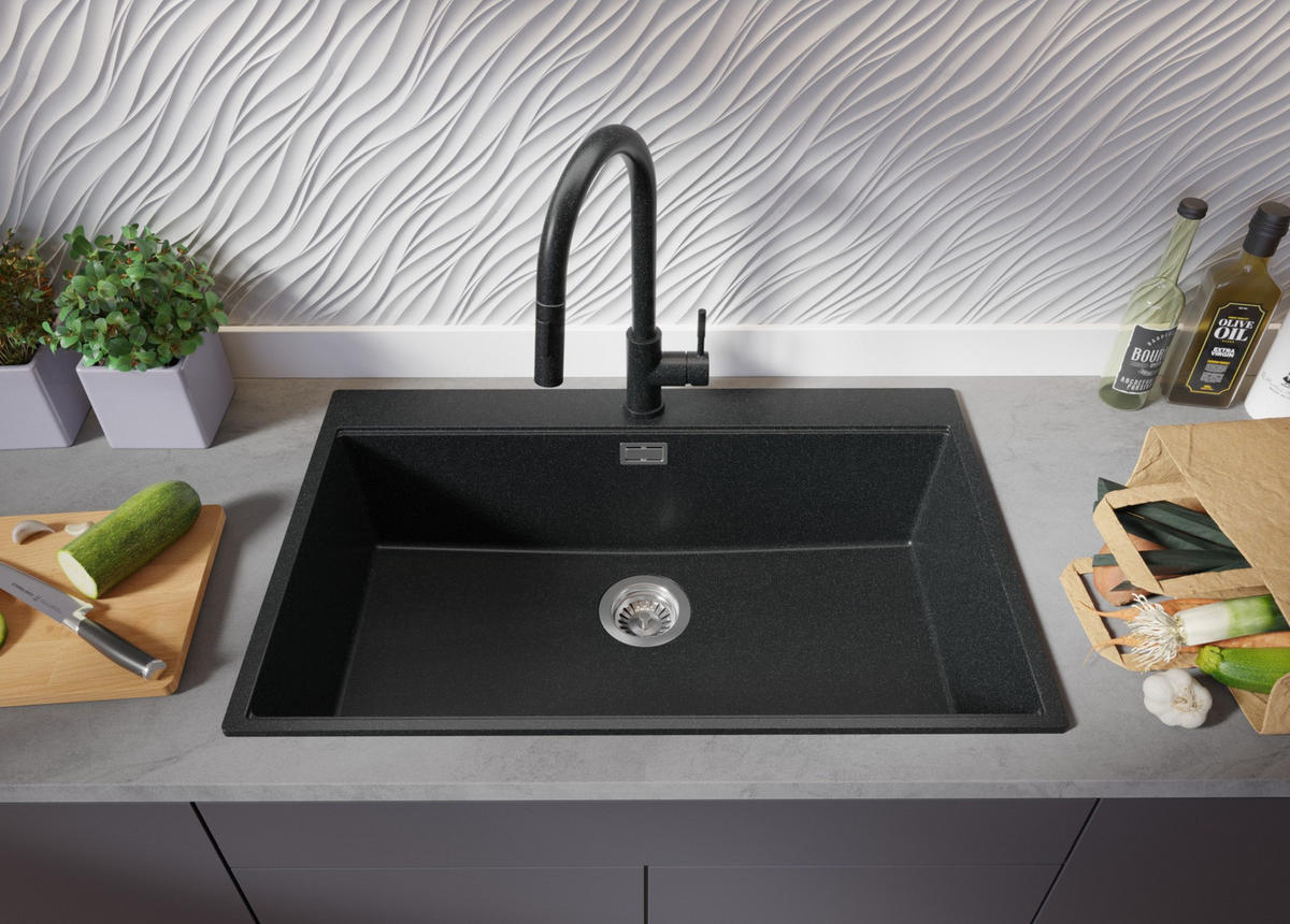 SPÜLBECKEN Oslo, 2-er set Anthrazit 78/50 cm 1 Becken + Ablauf-Set + Schneidebrett ab 80er Unterschrank - Chromfarben/Anthrazit, Kunststoff (78/20/50cm) - Primagran