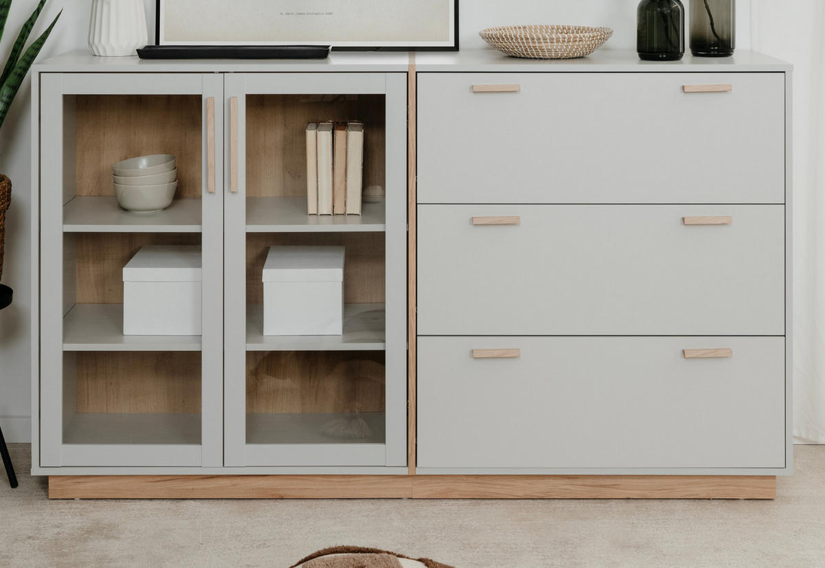 SIDEBOARD grau, Hickory Walnuss 163 cm, Kommode mit Glastüren - Walnussfarben/Grau, Glas/Holzwerkstoff (162.5/94/40cm) - Furn.Design